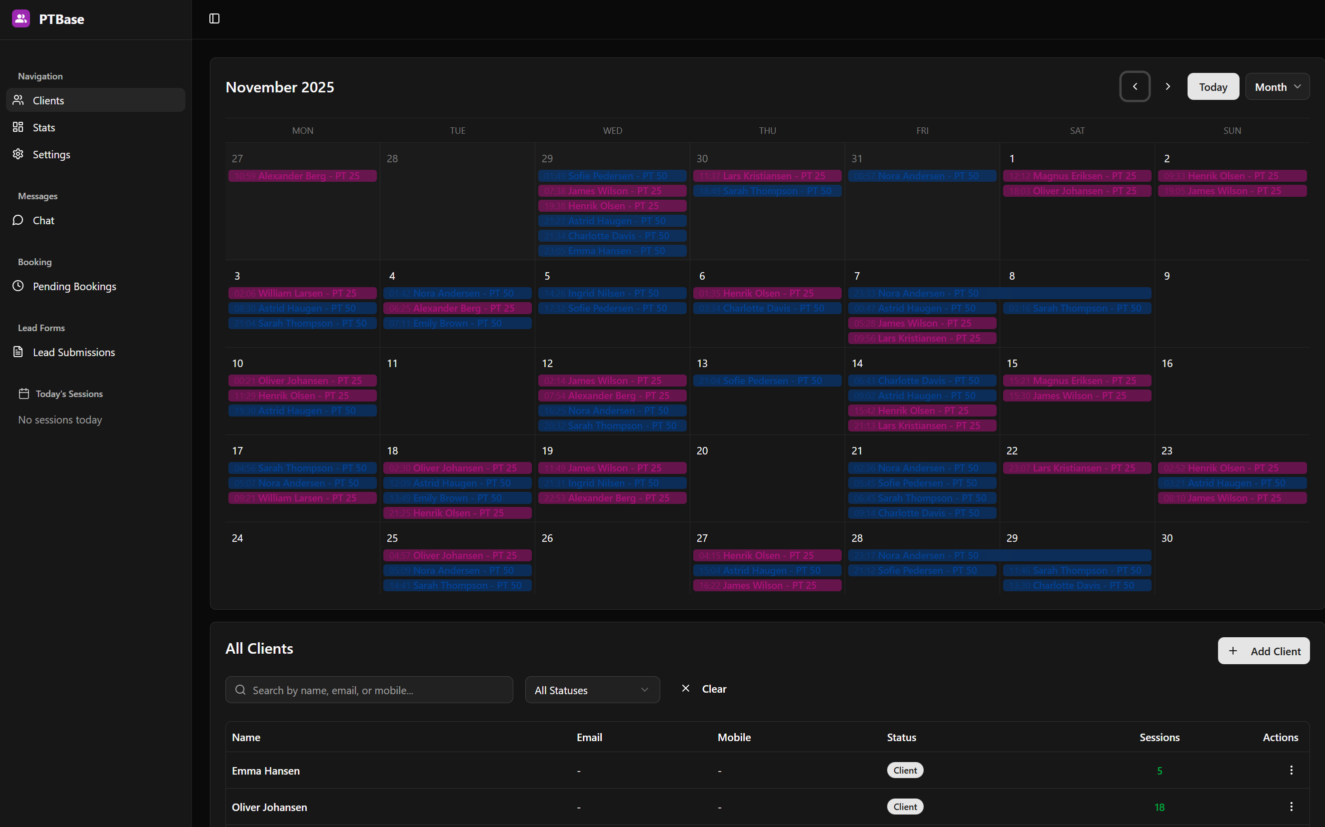 PTBase Dashboard - Calendar and client management